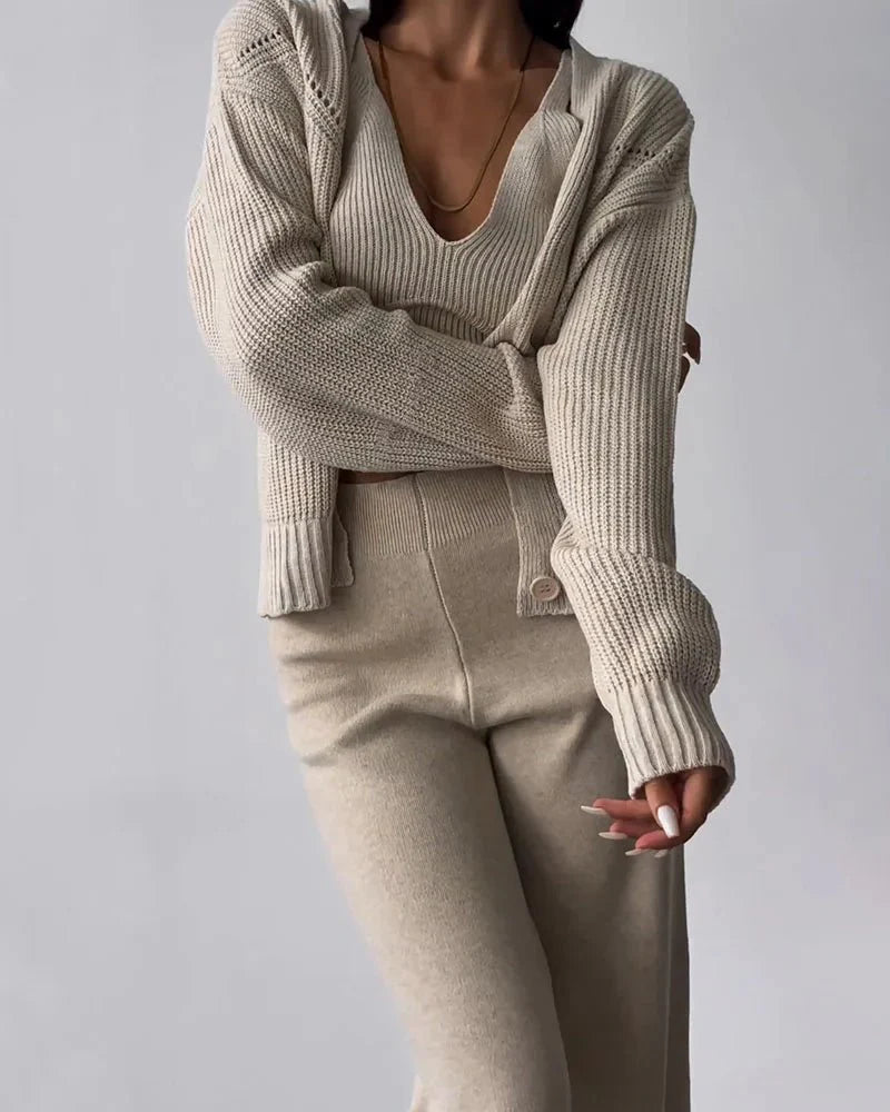 Emilia | 3-delige set oversized vest gebreid top broek